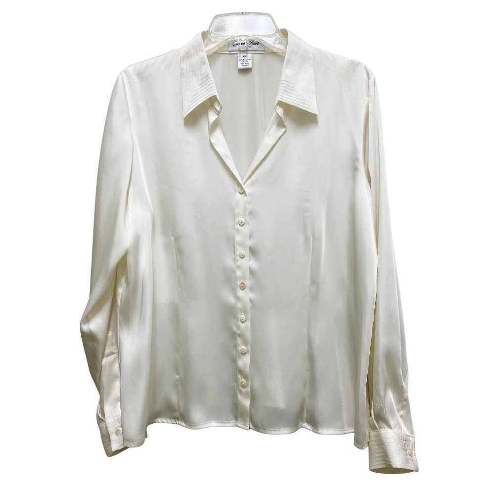 Womens Size 16 P Ivory Satin Silky Button Down Blouse Shirt Top Long Sleeve NWT